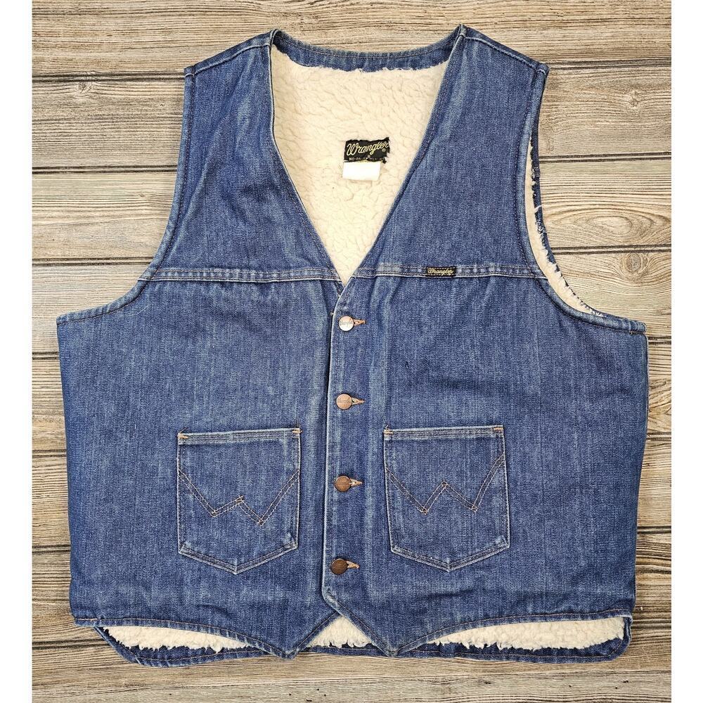 Vintage Wrangler Denim Vest Men XL Extra Large Blue Sherpa 70s USA Dark Wash